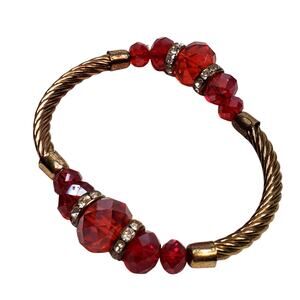 Vtg Ruby Red Glass Bead, Roundels Silver Plate Metal Twist Stretch Bracelet 3"